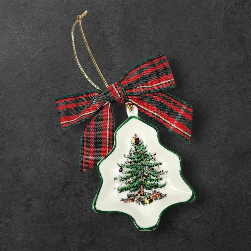 Spode Christmas Tree Ornament w/ Box Plaid Bow Porcelain Holiday Collectible